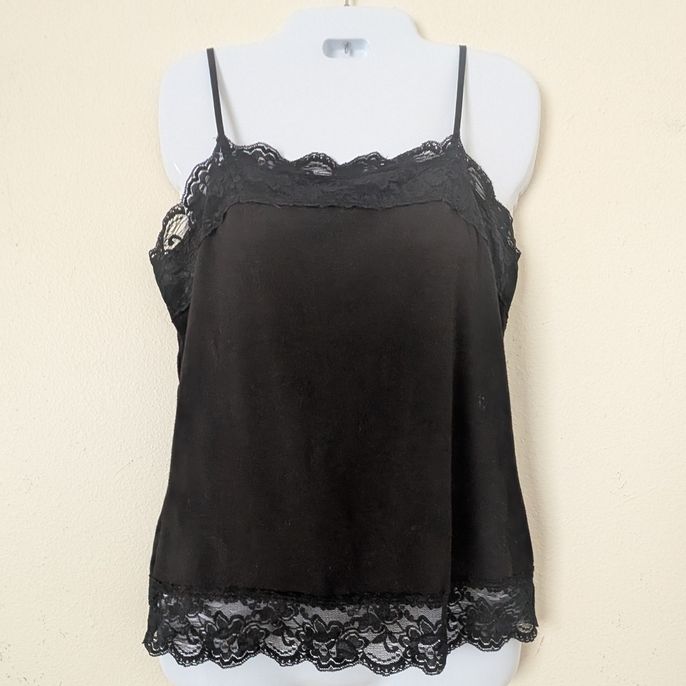 Vintage Y2K Lace-Trimmed Cami Spaghetti Strap Tank, Black, Size Small